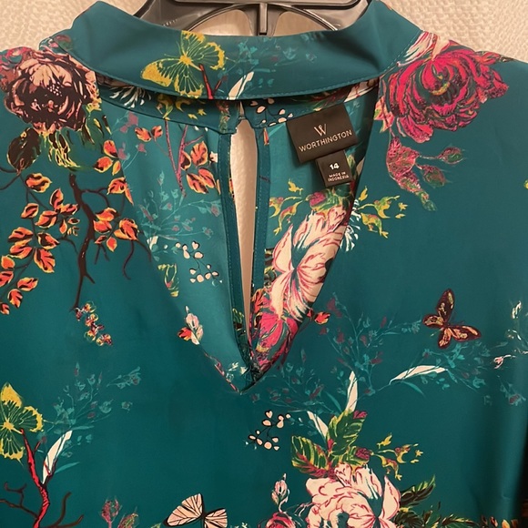 Worthington V-Neck Collar Floral Dress, Flutter Sleeves, Green, Size 14 - Picture 4 of 4